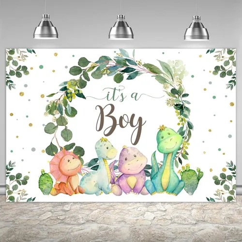 Miniatura 8 de Fondo de 7 x 5 pies con texto en inglés "It's a Boy" para baby shower, dinosaurio, cactus y hojas de eucalipto, fondo para fotografía, suministros