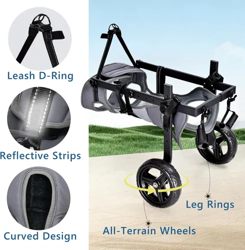 Miniatura 6 de Silla de ruedas para perros para patas traseras, altura/longitud/ancho ajustable, silla de ruedas resistente con ruedas que absorben los golpes, Gris
