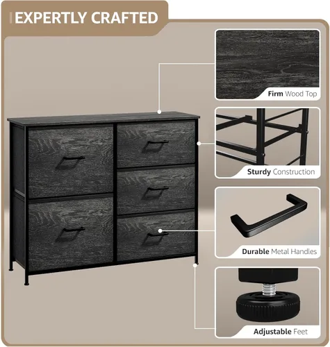 Miniatura 4 de Sorbus Cómoda con 5 cajones de madera sintética, organizador de almacenamiento para ropa, dormitorio, pasillo, sala de estar, armario y muebles