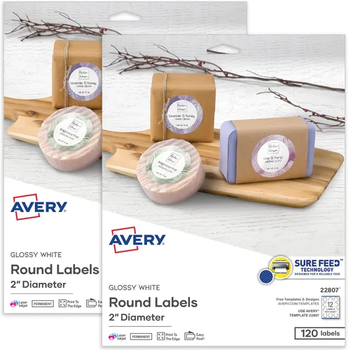 Miniatura 15 de Avery Etiquetas redondas imprimibles con Sure Feed, 2.5" de diámetro, blanco brillante, 90 etiquetas personalizables (22830)