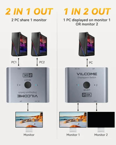 Miniatura 2 de Vilcome Conmutador DisplayPort 8K Splitter, Plug & Play, conmutación de un botón, caja de conmutación de puerto de pantalla bidireccional 2 en 1 Gris