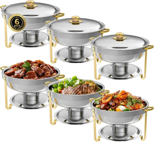 Miniatura 13 de IMACONE Juego de Bandejas Calentadoras de Buffet 4 Piezas, 5QT Redondas de Acero Inoxidable con Tapa de Vidrio para Catering, Conjuntos