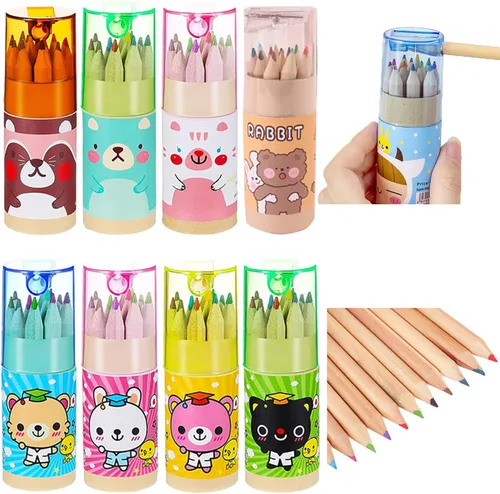 Tergy - 8 paquetes de lápices de colores mini con sacapuntas en tubo, lápices de dibujo portátiles de arte de dibujos animados para niños y adultos