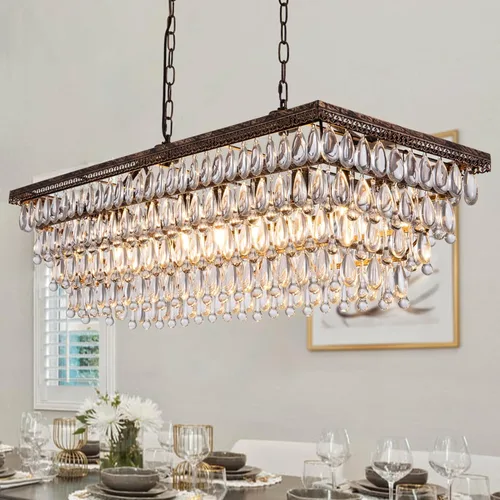 Miniatura 9 de Wellmet Candelabro de cristal para comedor, lámpara de techo rectangular de cristal de bronce antiguo de 30 pulgadas, 4 luces, iluminación de isla