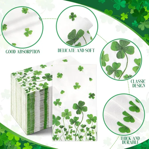 Miniatura 2 de 100 servilletas de decoración del día de San Patricio, desechables, trébol irlandés verde, trébol de la suerte, servilletas de mano para primavera