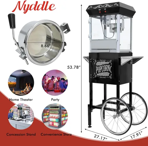 Miniatura 2 de Máquina para hacer palomitas de maíz Nyddle con carrito y hervidor de 8 onzas, máquina de palomitas estilo vintage con ruedas con vidrio templado