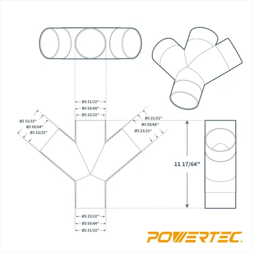 Miniatura 2 de POWERTEC 70275 Montaje de recolección de polvo de 3 vías con diseño en forma de Y para manguera y puño de 4 pulgadas