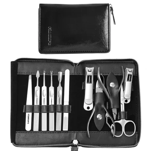 FAMILIFE - Kit de manicura profesional para uñas, 11 en 1, de acero inoxidable, con estuche de viaje portátil de cuero negro, regalos de lujo para él