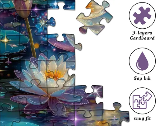 Miniatura 4 de Rompecabezas de flores de loto de ensueño para adultos, 1000 piezas, rompecabezas artístico de lirio de agua de fantasía con estrellas brillantes
