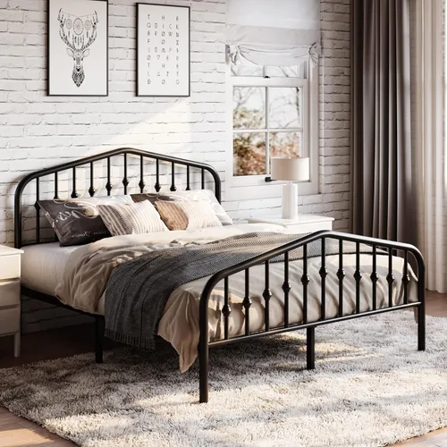 Miniatura 2 de SHA CERLIN Marco de cama de plataforma de metal de tamaño completo con cabecero/pie de cama de arte en hierro forjado estilo victoriano, no requiere