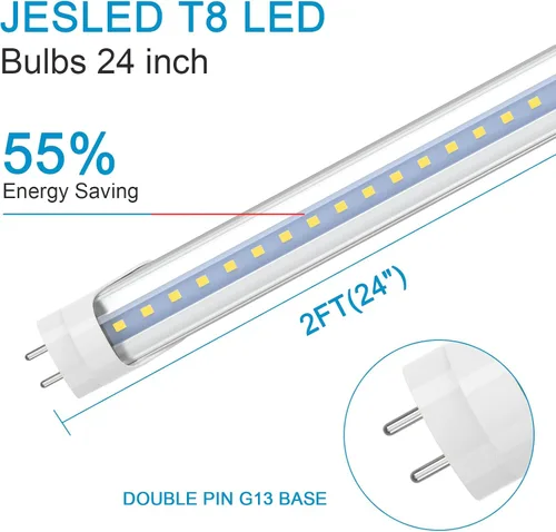 Miniatura 2 de JESLED Tubo de Luz LED T8 de 2 Pies, 10W (Equivalente a 24W), Luz de Día de 5000K, 1120LM, Bombilla LED Tipo A+B de 24 Pulgadas, Plug & Play