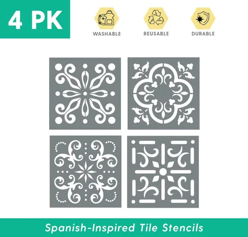 Miniatura 2 de Plantillas de azulejos mexicanos Talavera para pintar paredes y suelos (paquete de 4) – Plantillas reutilizables de 4 x 4 pulgadas para salpicaduras