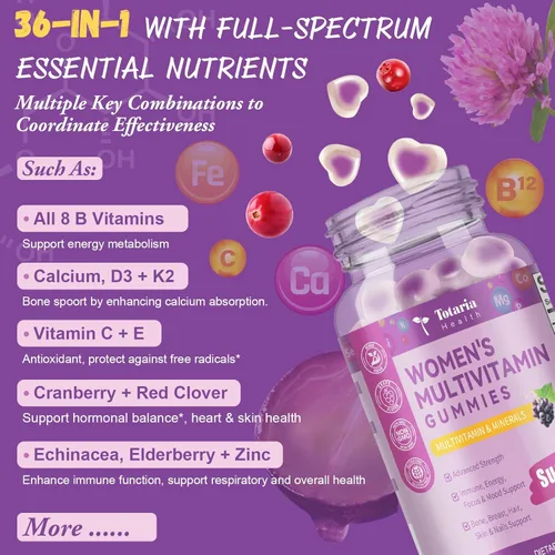 Miniatura 2 de Totaria (2 piezas) Gomitas multivitamínicas sin azúcar para mujeres de 14+ con inositol, hierro, ácido fólico, biotina, gomitas multivitamínicas