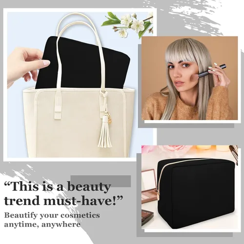 Miniatura 5 de Bolsa de maquillaje grande de nailon para viaje para mujeres, bolsa de cosméticos con cremallera negra grande preppy linda, bolsa de chenilla