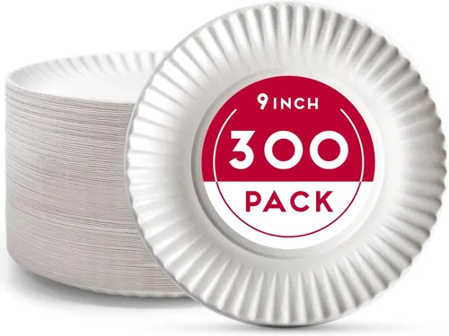 Alitte Platos de papel desechables de 9 pulgadas - 300 unidades - Paquete al por mayor de platos de papel sin recubrimiento para uso diario -
