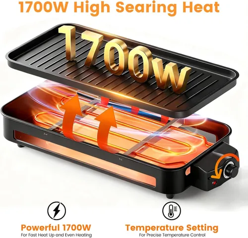 Miniatura 3 de YOHAWJAN - Parrilla eléctrica para interiores de 1700 W, 2 en 1, sin humo, para cocina, con red de parrilla y placa extraíble antiadherente