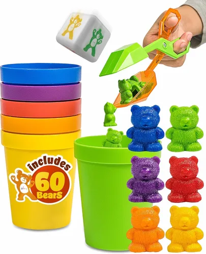 Skoolzy - Juego de osos para contar con vasos a juego para clasificar y dado de matemáticas para niños pequeños, 71 piezas, incluye pinzas y bolsa
