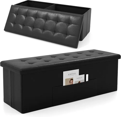 Banco otomano plegable de almacenamiento de 43 pulgadas, taburete plegable para pie de cama con bolsillo lateral, baúl de almacenamiento para sala