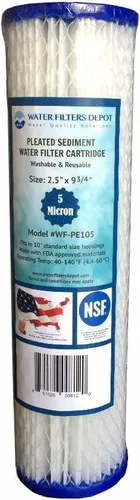 WFD, WF-PE105 - Cartucho de filtro de agua plisado de sedimentos de 5 micras de 2.5 x 9-3/4 pulgadas, se adapta a carcasas de tamaño estándar de 10