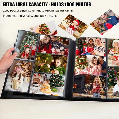 Miniatura 3 de Aevdor Álbum de fotos de 1000 bolsillos de 4 x 6 pulgadas, cubierta de lino de gran capacidad, álbumes de fotos familiares para bodas, con capacidad
