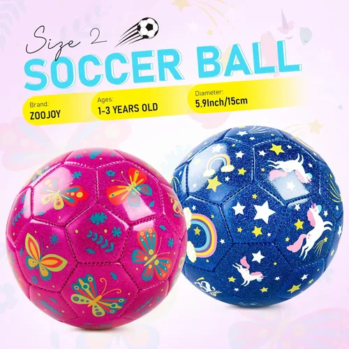 Miniatura 2 de ZOOJOY Balón de fútbol de tamaño 2 para niños pequeños, paquete de 2 pelotas de fútbol para niños con bolsa de malla de bomba, mariposa y unicornio