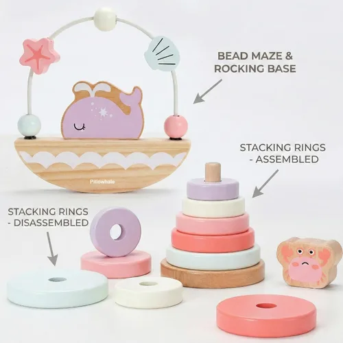 Miniatura 3 de Pillowhale Juego de juguetes de madera sensorial y educativo para niños pequeños de 1 a 3 años - Anillos para apilar, clasificador de formas, coche