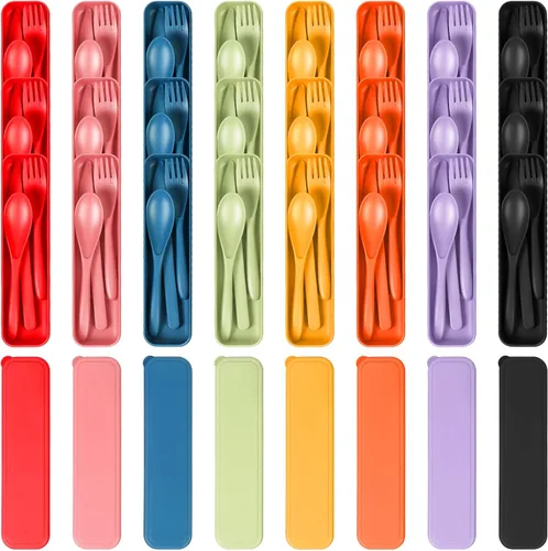 Miniatura 9 de Juego de Utensilios de Viaje Reutilizables con Estuche, 10 Juegos de Tenedor, Cucharas y Cuchillo Portátiles de Plástico de Paja de Trigo