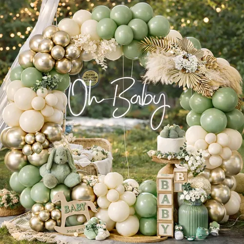 Kit de arco de globos verde salvia, 155 unidades, guirnalda de globos de color verde salvia, arena, blanco, cromado, dorado, para decoración de baby