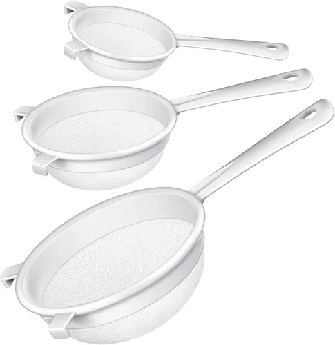Miniatura 9 de 3 piezas de colador de malla de nylon de plástico con mango, colador de malla fina doble para alimentos, tamizador de harina para hornear, colador