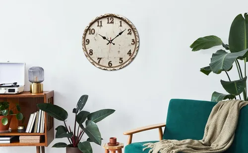 Miniatura 6 de Reloj de pared de madera envejecida blanco vintage con números tallados 9.8x9.8 in