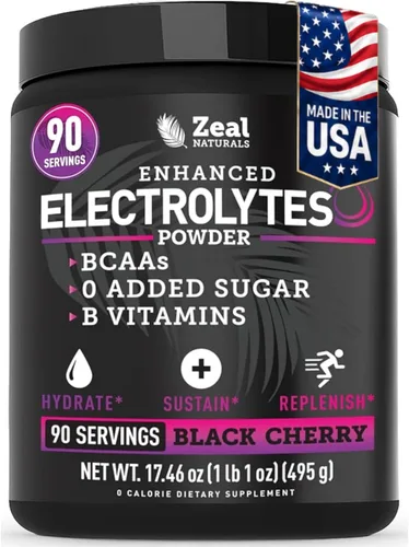 Zeal Naturals Bebida de recuperación de electrolitos en polvo (90 porciones | Cereza negra) con 0 azúcar+BCAA +Vitaminas B Suplemento de