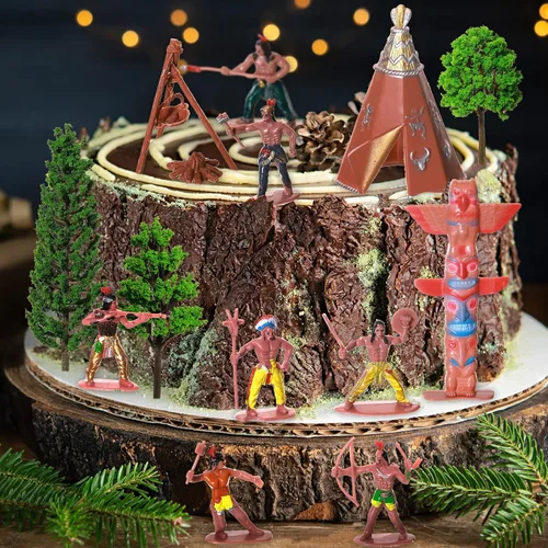 Miniatura 5 de Canlierr Juego de 32 figuras de indios nativos americanos, figura de acción, diorama de vaqueros, personajes históricos, modelos, árboles, escena