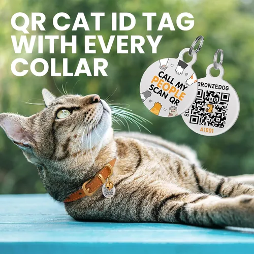 Miniatura 3 de BRONZEDOG Collar de cuero para gato con campanas extraíbles sin liberación rápida, etiqueta QR para gatito para niña y niño