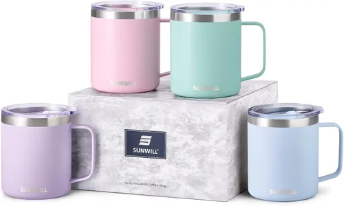Miniatura 17 de SUNWILL - Taza de café de viaje con tapa, taza aislada con asa, taza de acero inoxidable de 14 oz para acampar, oficina, hogar, recubrimiento
