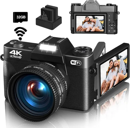 Cámara digital 4K para fotografía y videoblogs, cámara de 56 megapíxeles para YouTube con WiFi, pantalla giratoria de 3" 180°, zoom digital 16X,