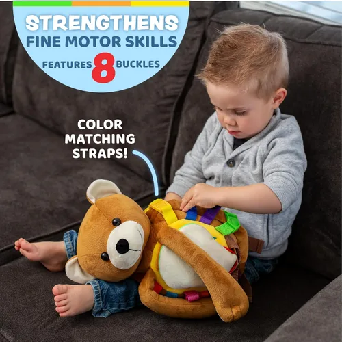 Miniatura 3 de Buckle Toys Billy Bear - Mochila Montessori para niños pequeños con hebillas y actividades de aprendizaje, animal de peluche para habilidades