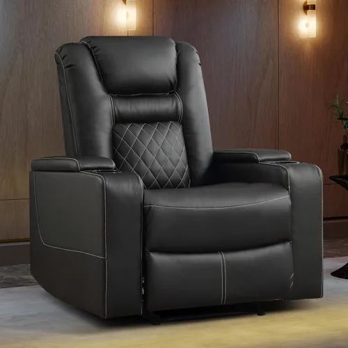 EBELLO Asientos de cine en casa, silla reclinable de imitación de cuero para películas con almacenamiento oculto en los brazos, sofá reclinable para