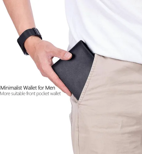 Miniatura 3 de OFAMOUS Cartera de cuero para hombre con bolsillo para monedas ventana de identificación abatible bloqueo RFID billetera delgada con bolsillo