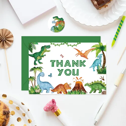 Miniatura 5 de Whaline Paquete de 24 tarjetas de agradecimiento de dinosaurio, tarjetas de felicitación jurásicas verdes con sobres, tarjetas de notas en blanco