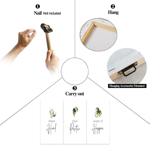 Miniatura 5 de Arte de pared inspirador de 3 piezas, imagen de refranes de plantas blancas, citas de trabajo y estadía, impresiones en lienzo para decoración