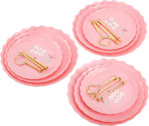 Miniatura 8 de Tosnail Paquete de 3 bandejas de plástico rosa para cupcakes de 3 niveles, soporte para postres con barra dorada de 3 estilos, bandejas de servir