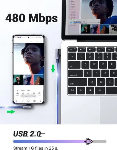 Miniatura 7 de UGREEN Cable USB a USB C de 90 grados, cable de carga rápida USB C compatible con iPhone 16/16 Plus/16 Pro/16 Pro Max/15/Samsung Galaxy