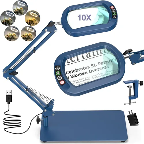 Miniatura 11 de Drdefi Lupa cuadrada de 10X con luz y soporte, lupa de cristal real iluminada con LED, 5 modos de color regulable continuo, lámpara de escritorio
