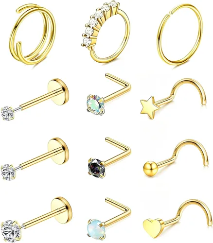 Miniatura 36 de Nose Rings Hoop and Nose Studs Sets for Women Men,Hypoallergenic 316L Surgical Stainless Steel Hinged Clicker Segment Nose Rings Hoop Helix