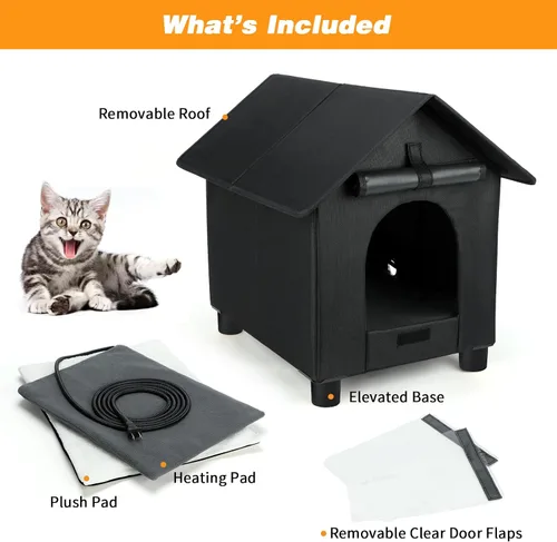 Miniatura 6 de Casas térmicas para gatos en invierno, impermeables, casa para gatos con calefacción elevada, aislada, exterior, refugio con puerta de escape