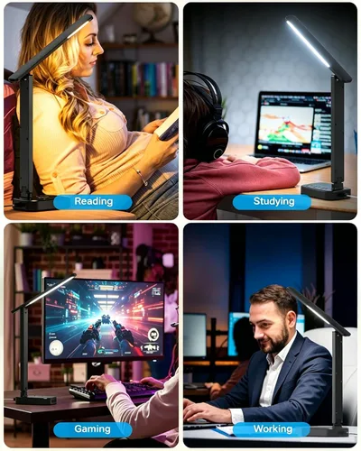 Miniatura 7 de One Beat Pequeña lámpara LED de escritorio, cable de extensión de 5 pies con 3 tomas, 4 puertos USB (2 USB C), 4 modos, lámpara táctil de 5 niveles