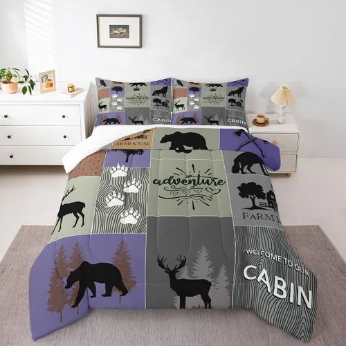 Miniatura 27 de Manfei Rutic Farmhouse - Juego de edredón tamaño King, juego de ropa de cama de retazos de madera a cuadros de ciervo, oso, árbol, 3 piezas