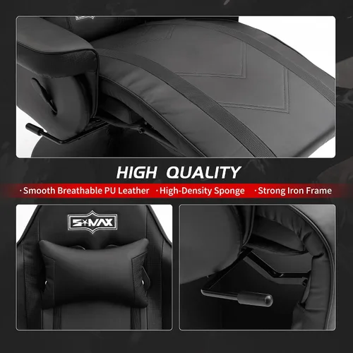 Miniatura 6 de S*MAX Silla reclinable para juegos para adultos, estilo carreras, ergonómica, con respaldo alto, giratoria, de piel sintética, con respaldo Negro
