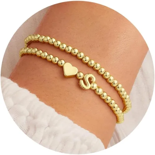 Ursteel Pulsera de corazón con inicial para mujer, delicada, chapada en oro de 14 quilates, pulseras de cuentas para mujer, joyería de corazón de la