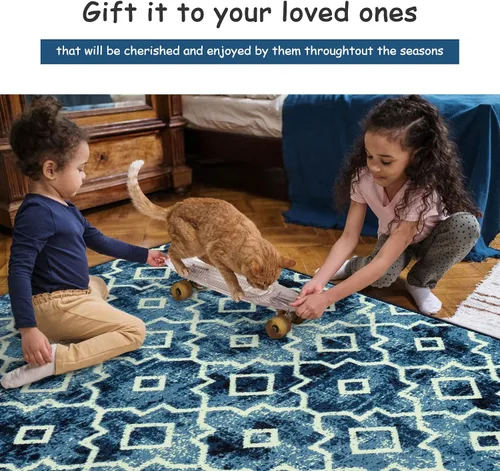 Miniatura 4 de Moynesa Alfombra marroquí lavable de 2 x 3 pulgadas, pequeña, azul, para cocina, baño, suave, antideslizante, de pelo bajo, moderna, geométrica